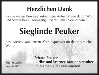Traueranzeige von Sieglinde Peuker von Pegnitz-Zeitung